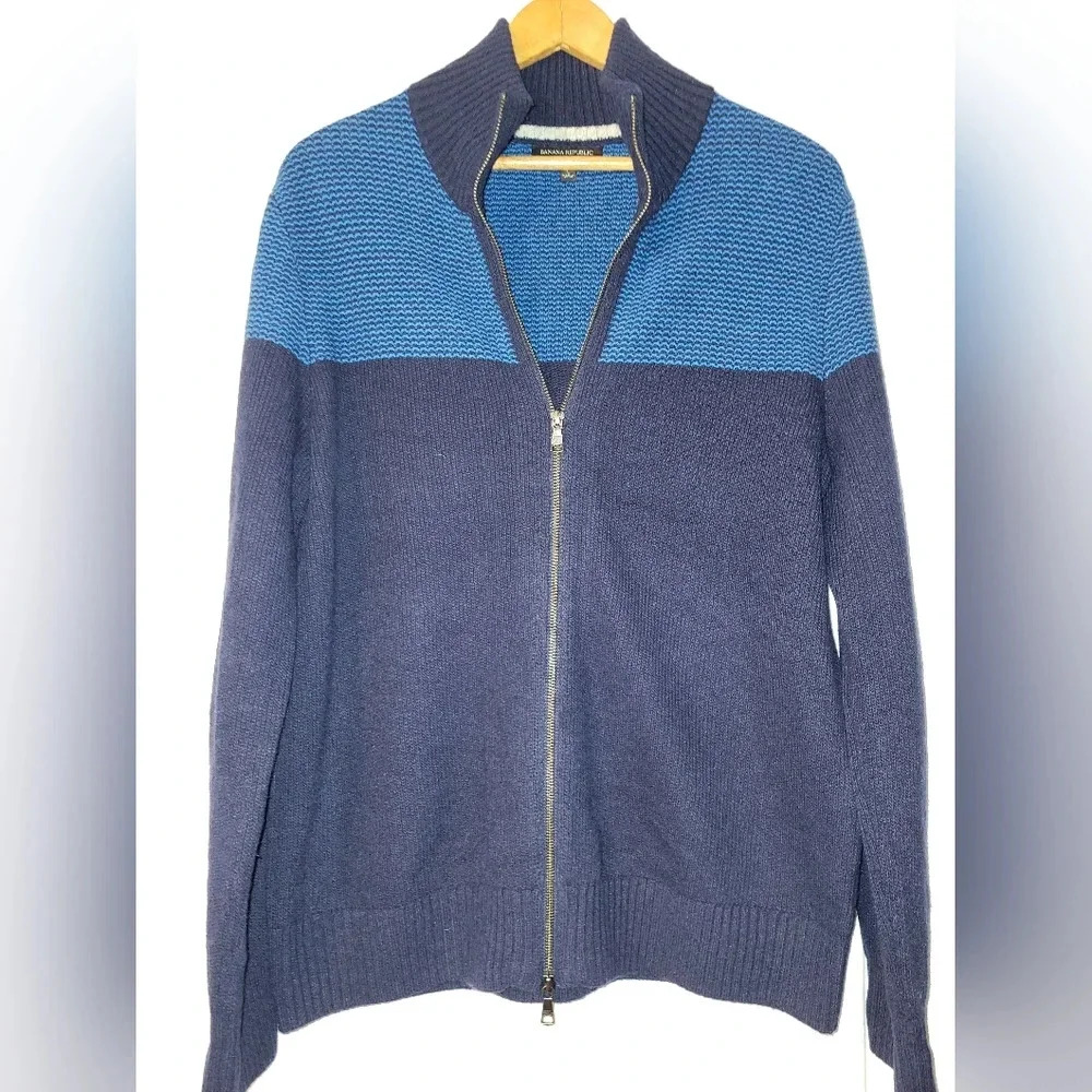 Banana Republic Zip Up Cardigan Size Large Blue Navy 80% Merino Wool
